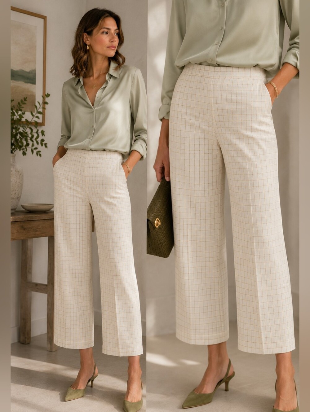 Joie Ivory Windowpane Plaid Cropped Straight Wide Leg Pants 100% Cotton